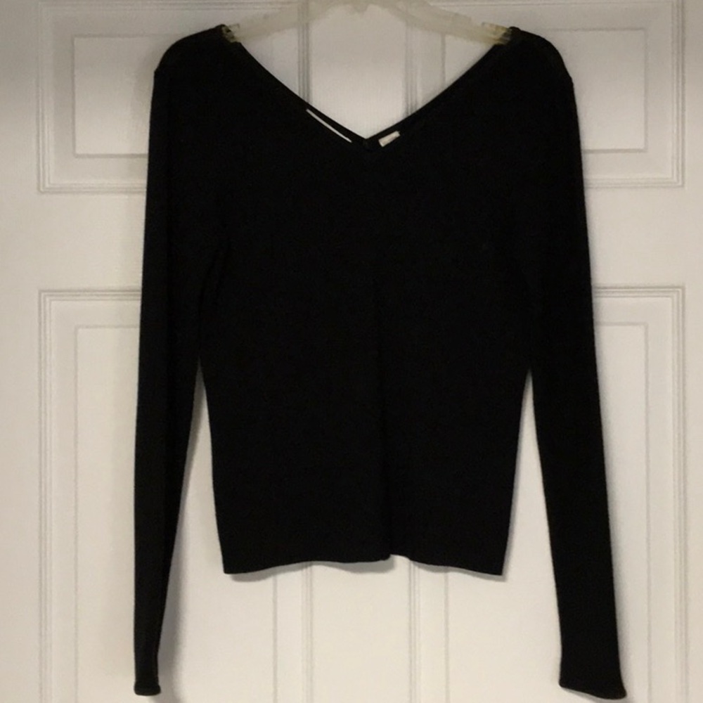 Dana Buchman Elegant Black V-Neck Top Suede trim 22 in long